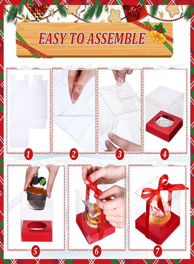 Watersay 48 Pcs Christmas Clear Cupcake Boxes Individual 3.5 Inch Red Green Plastic Cupcake Containers Single Boxes with Inserts and Ribbon Individual Cake Holders for Xmas Wedding Gift Storage - Image 4